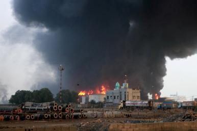 A fuel depot burns near the Yemeni port of Hodeida following overnight Israeli airstrikes - source: Reuters