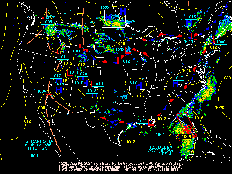Latest WPC surface analysis, NWS Winter Weather Watches/Warnings/Advisories, and radar loop