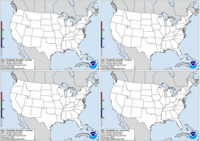 Day 1 probability of snow greater than or equal to 4, 8, and 12 inches and freezing rain greater than or equal to .25 inch