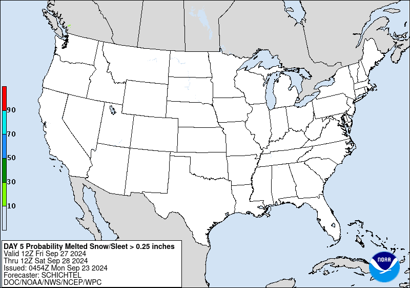 Day 5 probability of at least .25 inch liquid equivalent of snow/sleet.