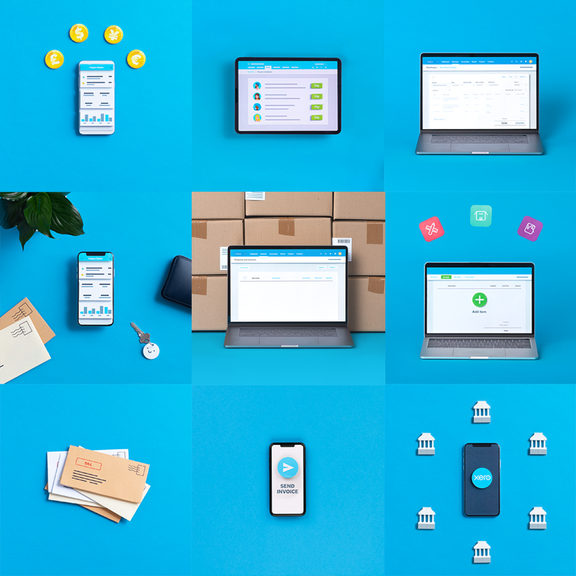 A collage showing Xero’s desktop and mobile features for people comparing Xero vs Sage.