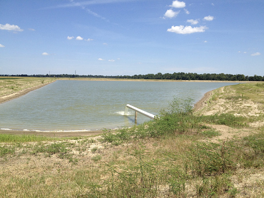 A low-lying storage pond with a white pipe pouring water into the pond. 