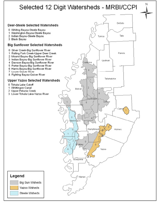 A map of the three important watersheds: Big Sun Watershed, Yazoo Watershed, and Steele Watershed. Big Sun Watershed covers portions of Coahoma, Bolivar, Sunflower, Leflore, Washington, Humphreys, Sharkey, and Yazoo counties. The Yazoo Watershed covers portions of Yazoo, Humphreys, and Holmes counties. The Steele Watershed covers portions of Washington, Issaquena, and Sharkey counties. 