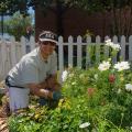 A woman kneels next to a bed of flowers.