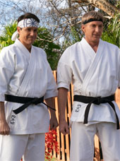 Ralph Macchio as Daniel LaRusso and William Zabka as Johnny Lawrence in Cobra Kai 6