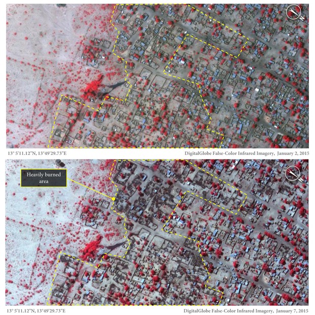 Imagem divulgada pela Anistia Internacional mostra o antes e o depois do Boko Haram a Baga, Nigéria. Na imagem de baixo, é possível observar estruturas queimadas pelo grupo terrorista (Foto: DigitalGlobe/Anistia Internacional)