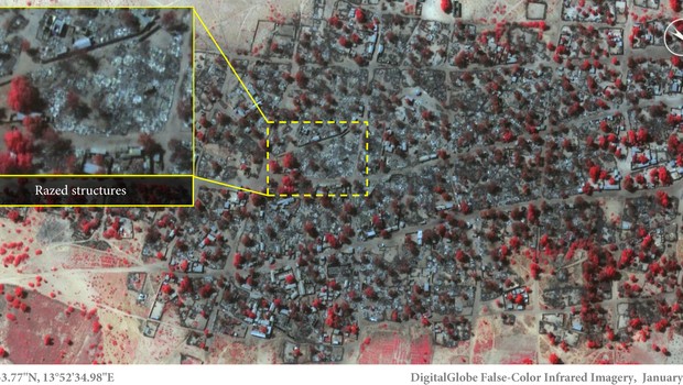Imagem de satélite divulgada pela Anistia Internacional mostra estruturas queimadas após ataque do Boko Haram a uma base militar em Baga, Nigéria (Foto: DigitalGlobe/Anistia Internacional)