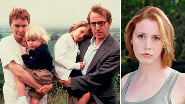 FAMÍLIA DIVIDIDA À esquerda, Woody Allen carrega Dylan Farrow no colo, ao lado de Mia Farrow e do filho Satchel. À direita, Dylan nos dias de hoje. Desde a separação,  ela e o pai não se falam (Foto: Getty Images e Frances Silver via The New York Times)