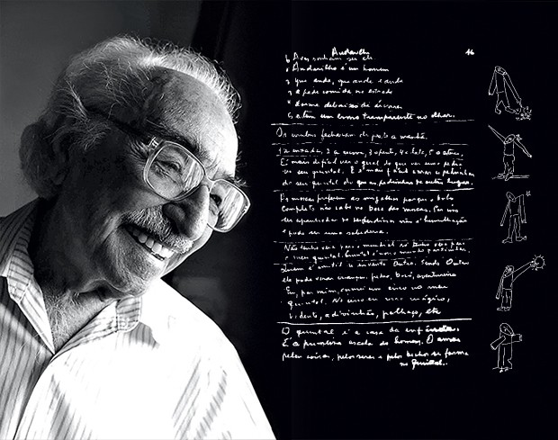 RASCUNHOS O poeta Manoel de Barros, em foto de 2006, e rascunhos do seu caderno de poesias. Há muito material inédito (Foto: Roberto Higa)