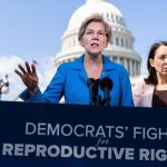 Tammy Duckworth (left) Elizabeth Warren and Maria Cantwell conduct a news conference outside the U.S. Capitol in support of reproductive rights.