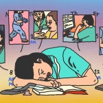 Digital illustration of an exhausted female nurse sleeping at her desk. On top of her there are vignettes of her doing various activities including replacing an IV bag, running, giving a patient a cup of water, working at a computer, and injecting someone’s arm with a needle.