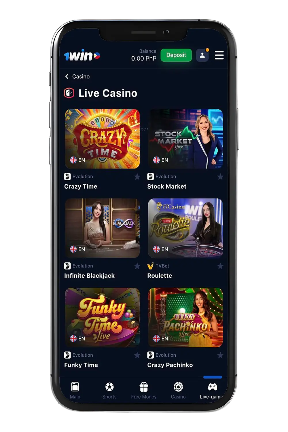 Screenshot of live casino games