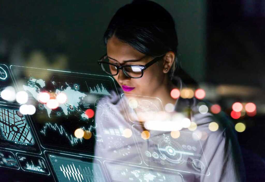 A technician woman looking through holograms of world recycling data.