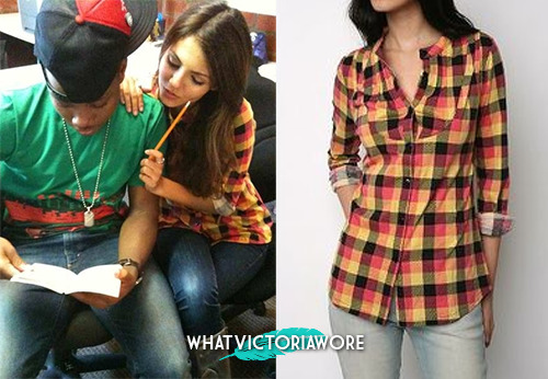 Victoria Justice on set of the first season of Victorious with her co-star Leon Thomas. Victoria wore a Silence & Noise Long Sleeve Bib Top. Unfortunately, the top is sold out.