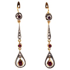 1.20 Carat Ruby White Rose Cut Diamond Yellow Gold Lever-Back Drop Earrings