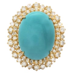 13.00 Carats Impressive Natural Turquoise and Diamond 14K Yellow Gold Ring