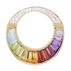 18K Gold Rainbow Gemstones Baguette Diamond Pride Pendant Necklace Brooch