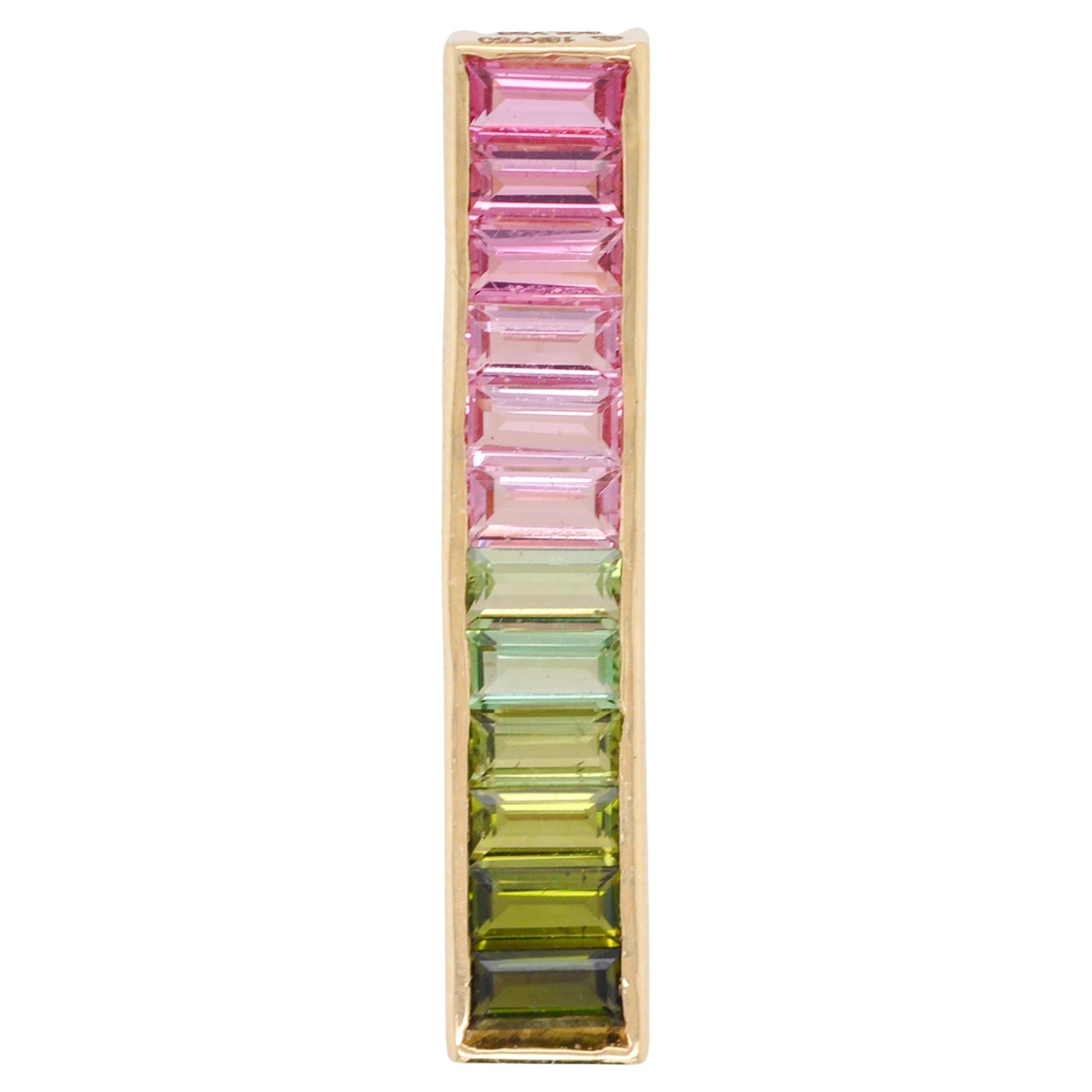 18 Karat Gold Green Pink Bi-Tourmaline Linear Watermelon Bar Pendant Necklace