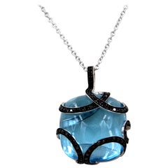 18 Karat White Gold Blue Topaz Black Diamonds Garavelli Pendant Necklace