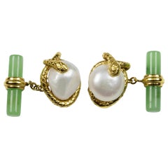 18 Karat Yellow Gold Pearl and Jade Snake Cufflinks