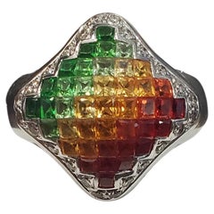 18KW Chameleon Ombre Gradient Ruby, Citrine & Tsavorite Garnet Ring