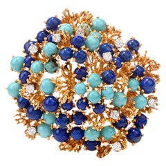 1970s Lapis Persian Turquoise 18 Karat Yellow Gold Nugget Brooch Pin