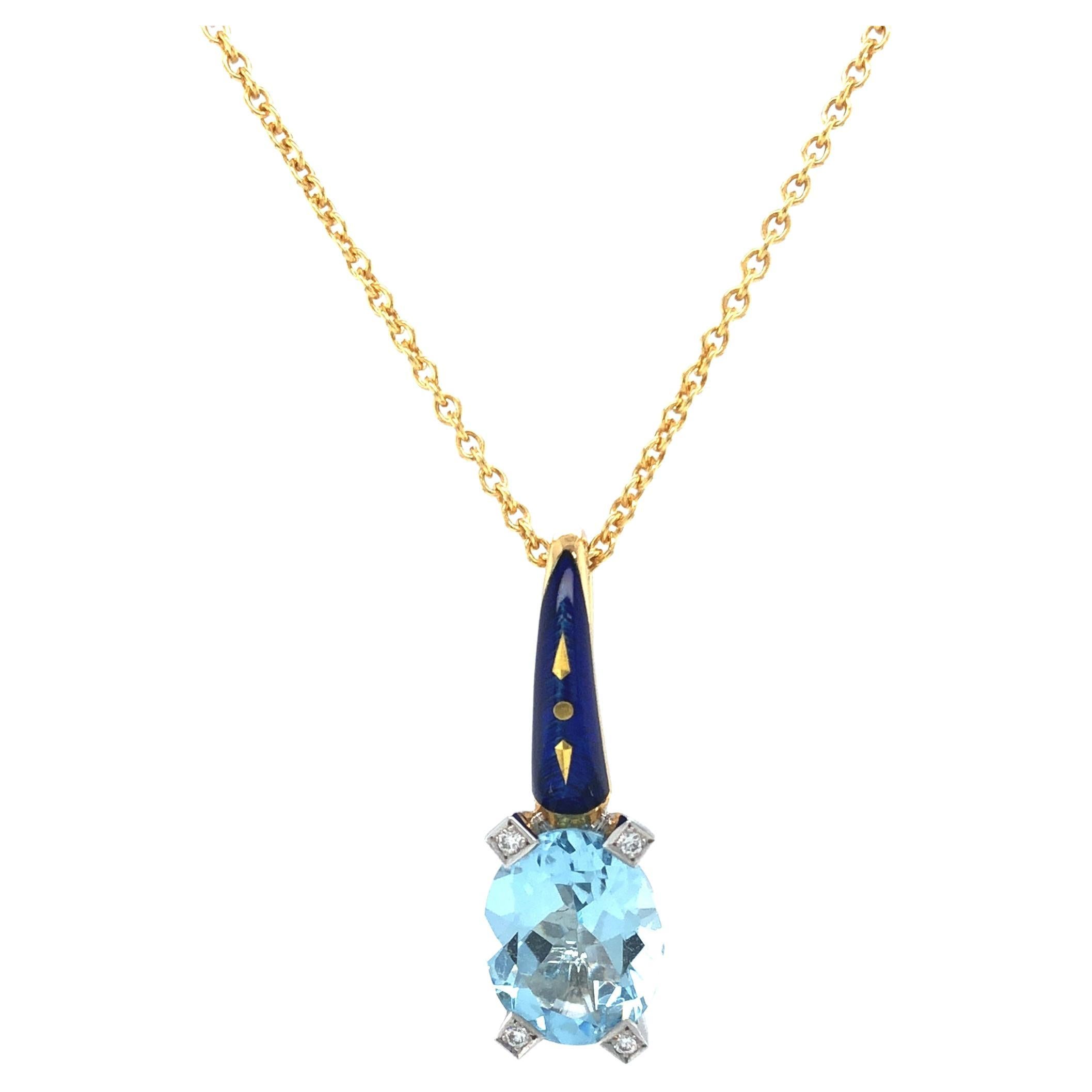 Aquamarine and Enamel Pendant Necklace 18k Yellow & White Gold 0.03 Ct 