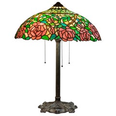 Antique American Leaded Glass Table Lamp, Full Floral Rose Pattern by Gorham