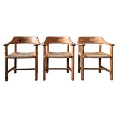 Set of 3 Pine Wood Armchairs with Papercord Seats for Gramrode Møbelfabrik