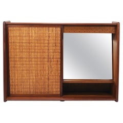 Vintage Arne Wahl Iversen Wall Mirror & Shelf Cabinet, Teak & Cane for Brenderup Denmark