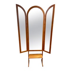 Danish Modern Triptych Teak Floor Full Length Mirror Opens Closes with Footstool