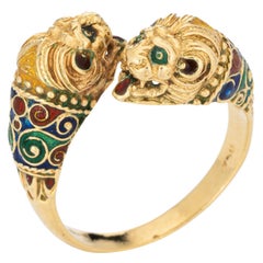 Double Lion Ring Sz 10 18k Yellow Gold Enamel Eyes Bypass Band Animal Jewelry