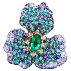 18K White Gold Garden Collection Emerald & Tsavorite & Sapphire Cocktail Ring