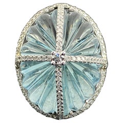 Certified 18K White Gold Carved Aquamarine and Diamond Cocktail Ring