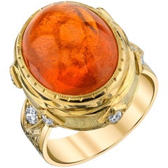 28.55 Carat Spessartite Garnet Cabochon and Diamond Ring in 18k Yellow Gold