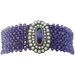 Marina J. Woven Amethyst Beaded Bracelet with  Silver Clasp & Centerpiece