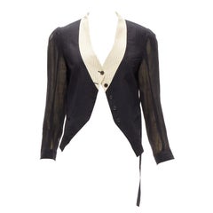 ANN DEMEULEMEESTER black overlay sheer cream topstitched jacket FR36 S