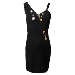 S/S 1994 Gianni Versace Safety Pin Medusa Embellished Black Mini Dress