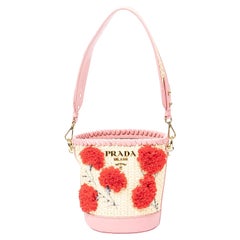 Prada Pink Embroidered Raffia Bucket Bag