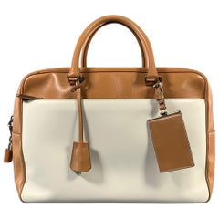 PRADA Tan Cream Color Block Leather Overnight Bags