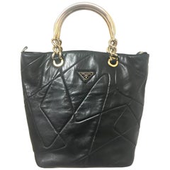 Prada Vintage black leather geometric patchwork tote bag with metallic handles 