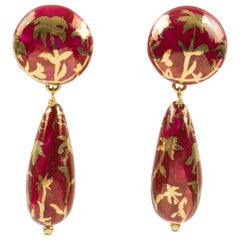 Ines de la Fressange Paris Signed Red Gold Ceramic Dangling Clip on Earrings