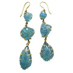 Long Carved Aquamarine Dangle Earrings