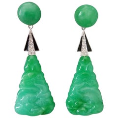 Art Deco Style Burma Jade Gold Full Cut Round Diamonds Black Enamel Earrings