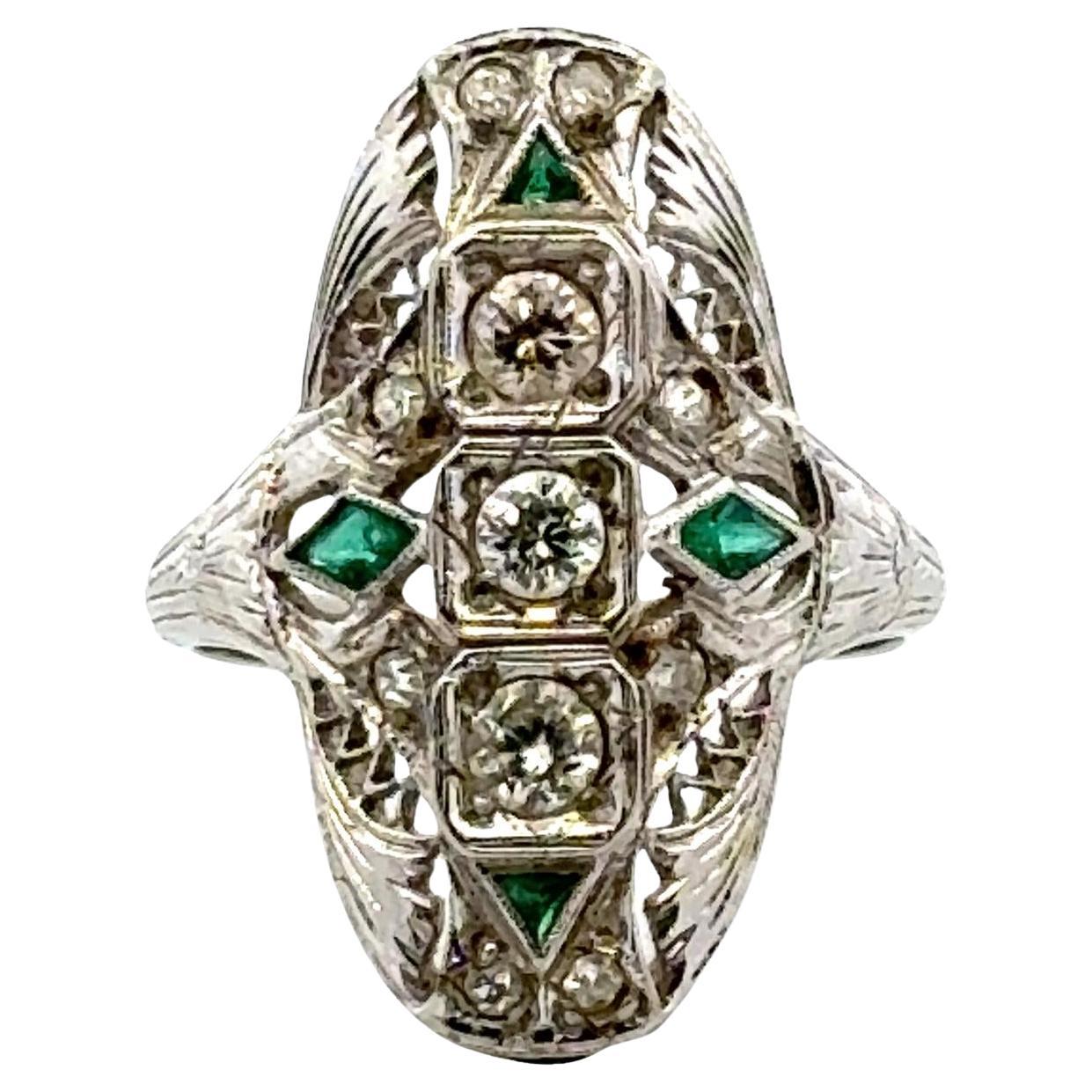 Art Deco Diamond 18 Karat White Gold Filigree Emerald Accent Cocktail Ring