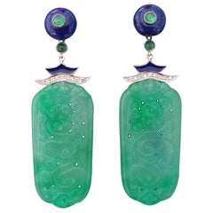 Art Deco Style Jade Gold Lapis Lazuli Diamonds Emeralds Blue Enamel Earrings