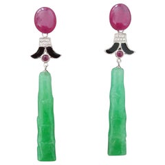 Art Deco Style Bamboo Shaped Jade Gold Diamonds Ruby Cabs Black Enamel Earrings