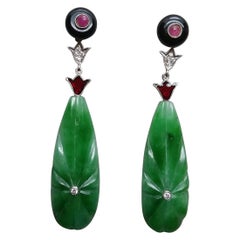 Art Deco Style Engraved Jade Ruby Black Onyx Gold Diamonds Enamel Drop Earrings