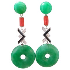 Art Deco Style Jade Donuts 14K White Gold Diamonds Black Enamel Dangle Earrings