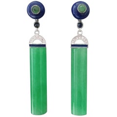 Art Deco Style Jade Cylinders Lapis Lazuli Emerald Diamonds White Gold Earrings